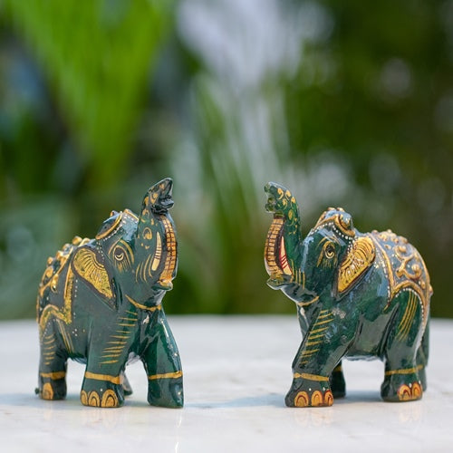 Hand Painted Green Elephant Pair