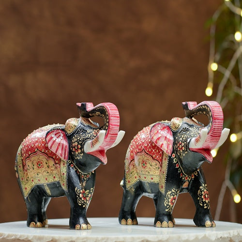 Hand Painted Black Elephant Pair Figurines
