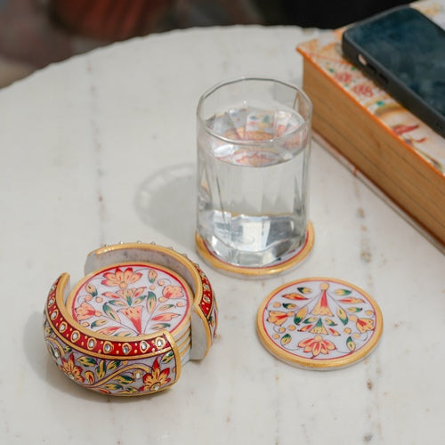 HandPainted Floral Marble Coaster Set OF 2
