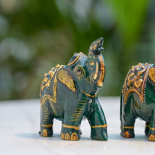 Hand Painted Green Elephant Pair