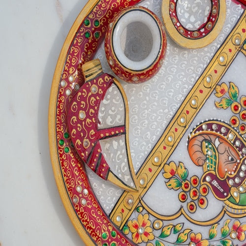 HandPainted Marble Puja Thali