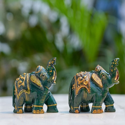 Hand Painted Green Elephant Pair