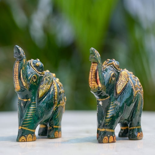 Hand Painted Green Elephant Pair