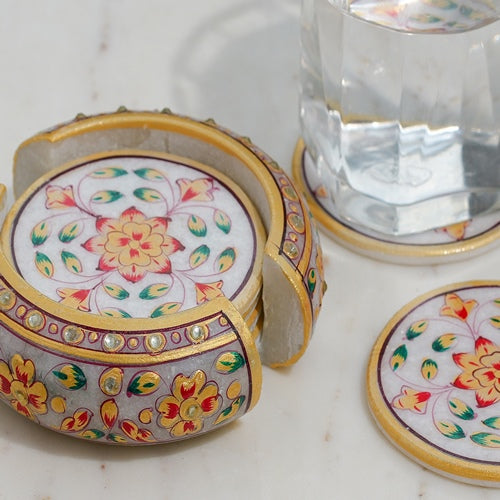 HandPainted Floral Marble Coaster Set OF 2