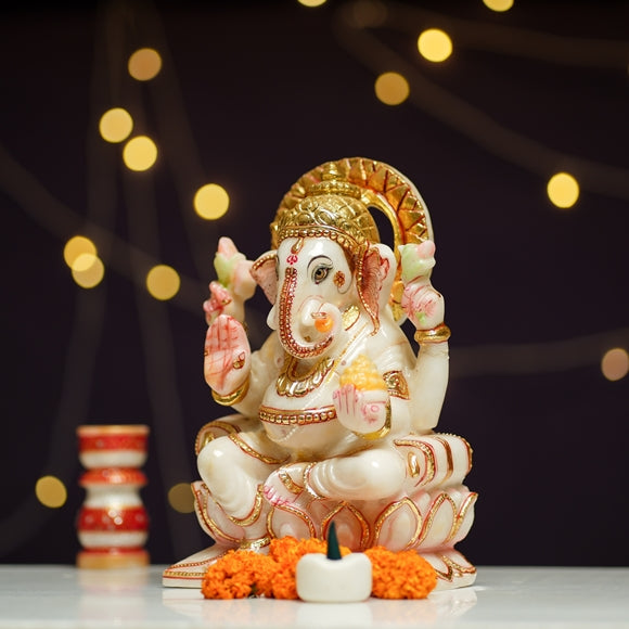Handcrafted Marble Ganesh Ji Idol with Gold Detailing