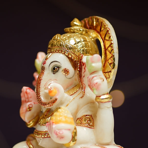 Handcrafted Marble Ganesh Ji Idol with Gold Detailing