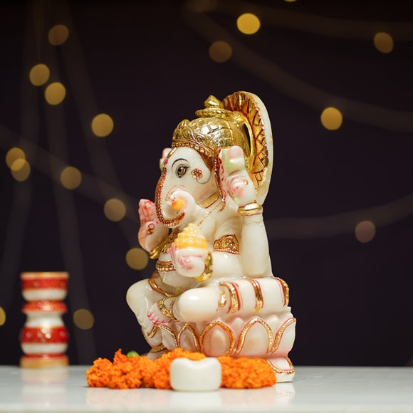 Handcrafted Marble Ganesh Ji Idol with Gold Detailing