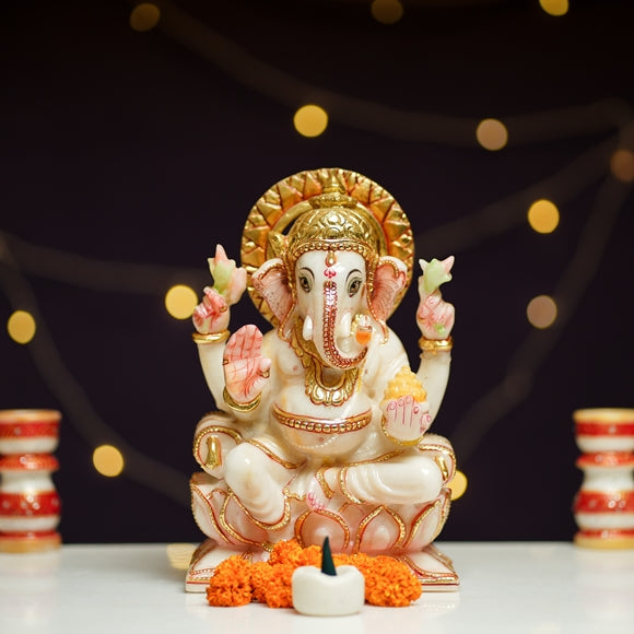 Handcrafted Marble Ganesh Ji Idol with Gold Detailing