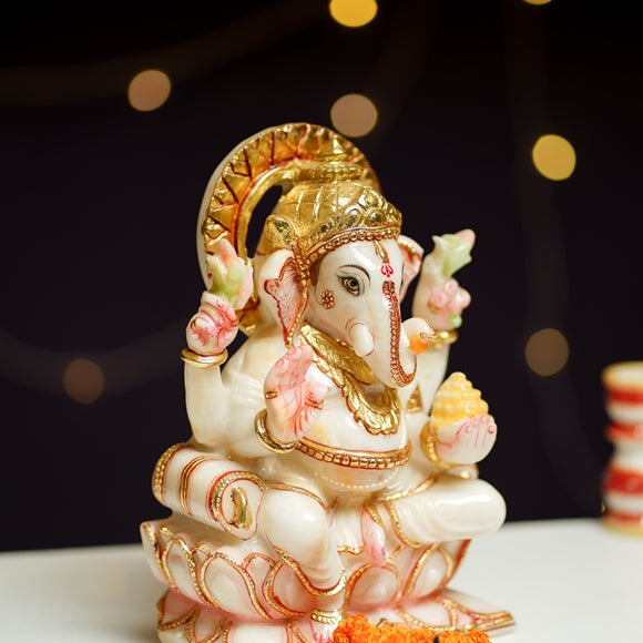 Handcrafted Marble Ganesh Ji Idol with Gold Detailing