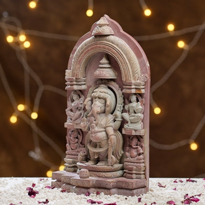 HandCarved Temple Style Pink Stone Ganesh Ji Murti