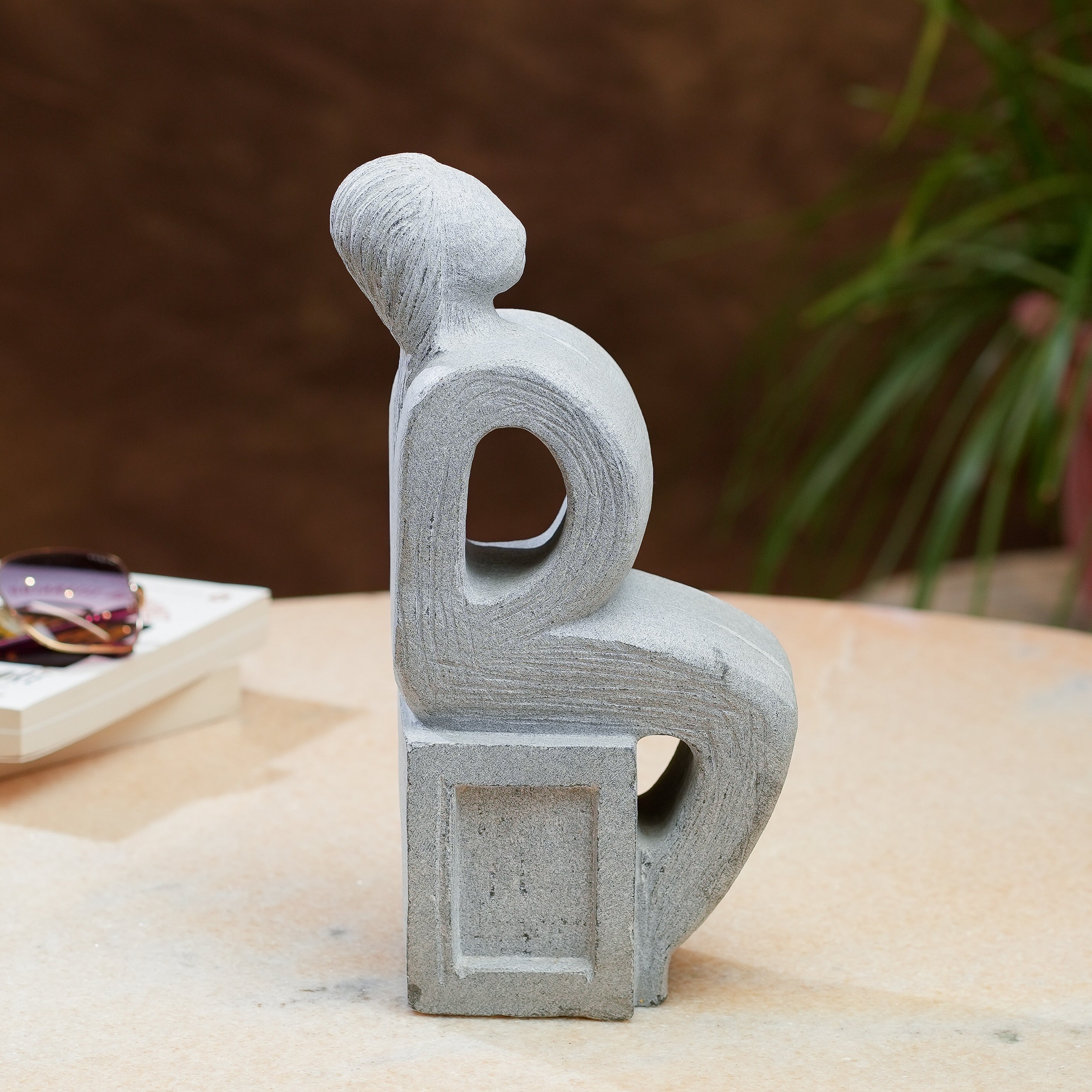 Modern Abstract Seated Figure  Grey Stone Sculpture