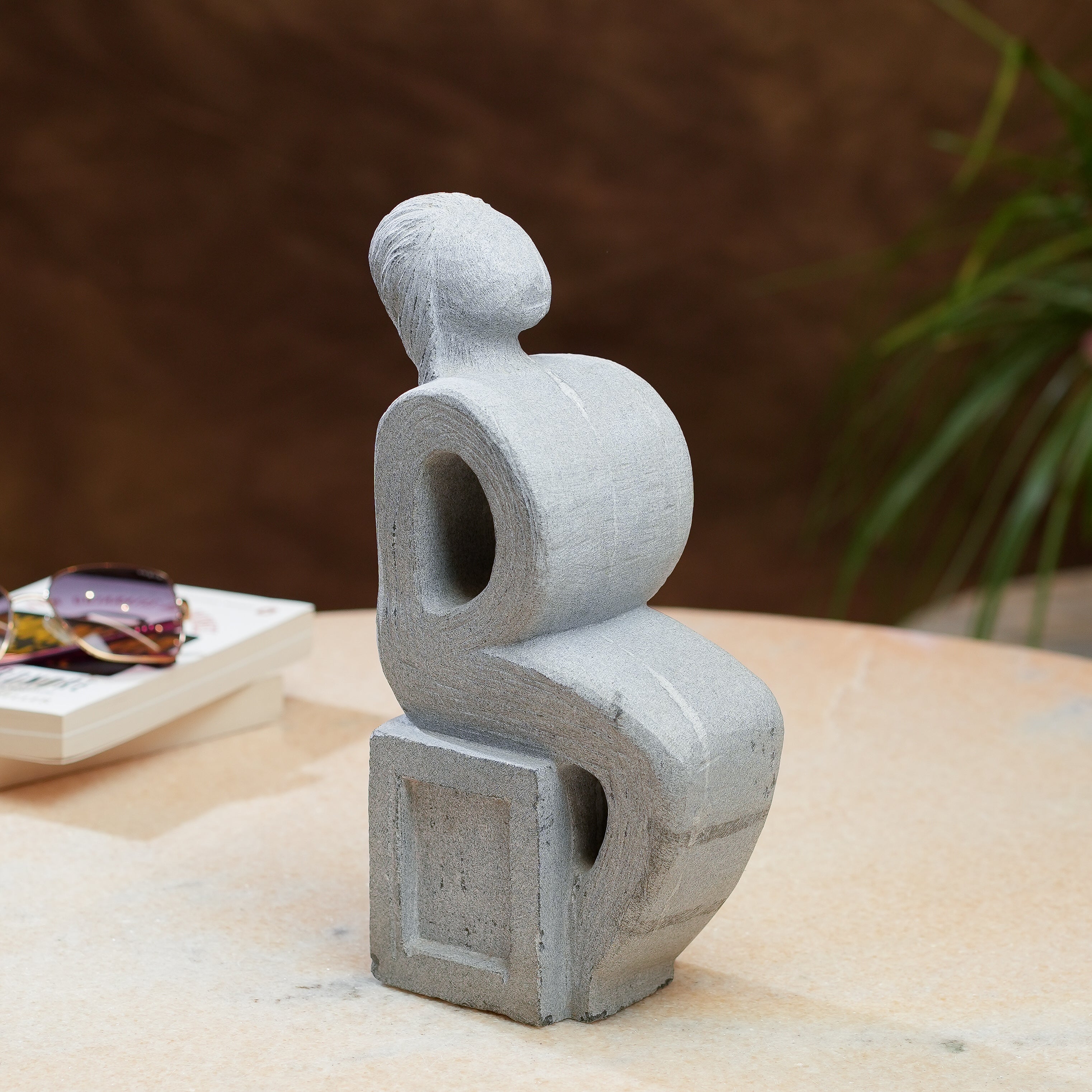 Modern Abstract Seated Figure  Grey Stone Sculpture