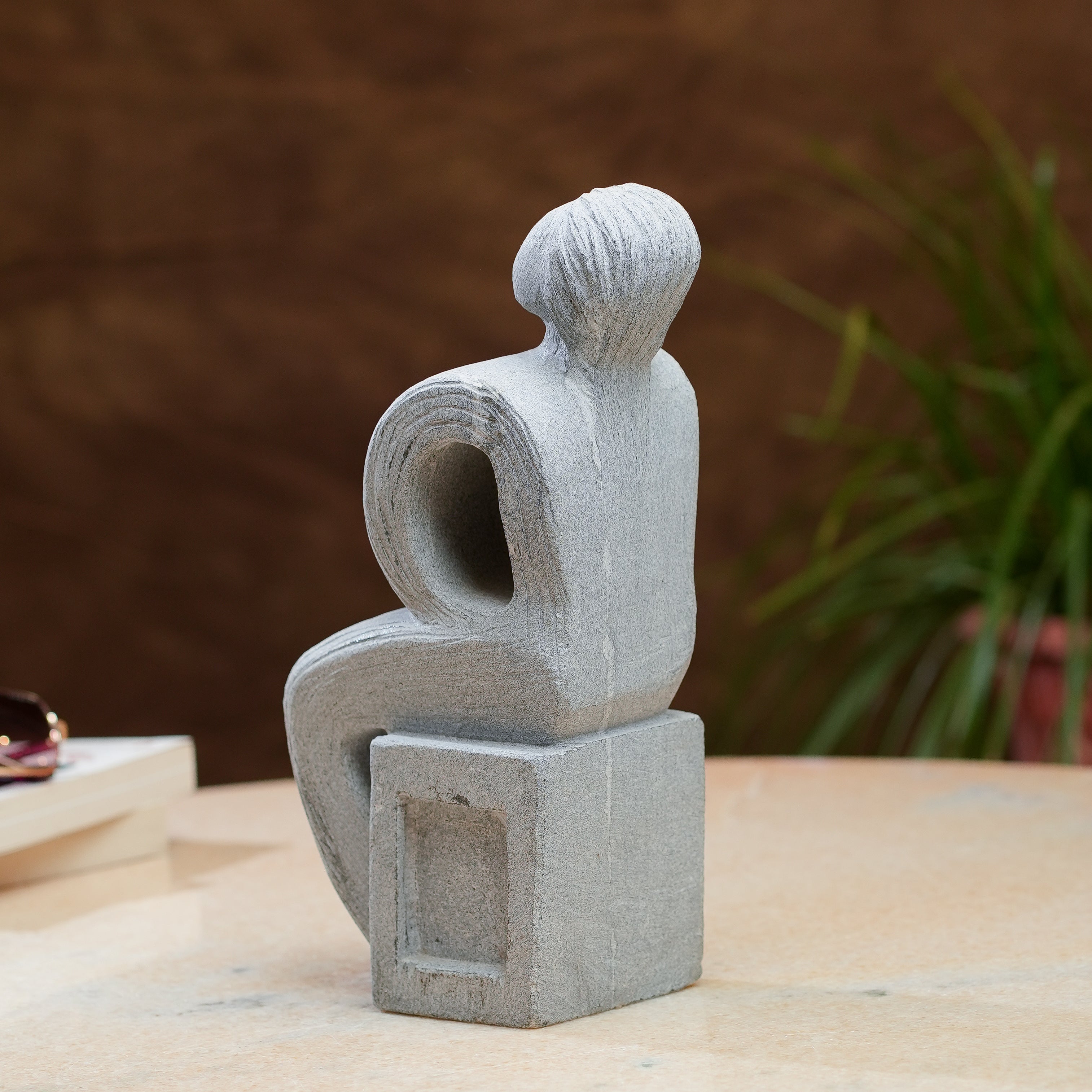 Modern Abstract Seated Figure  Grey Stone Sculpture