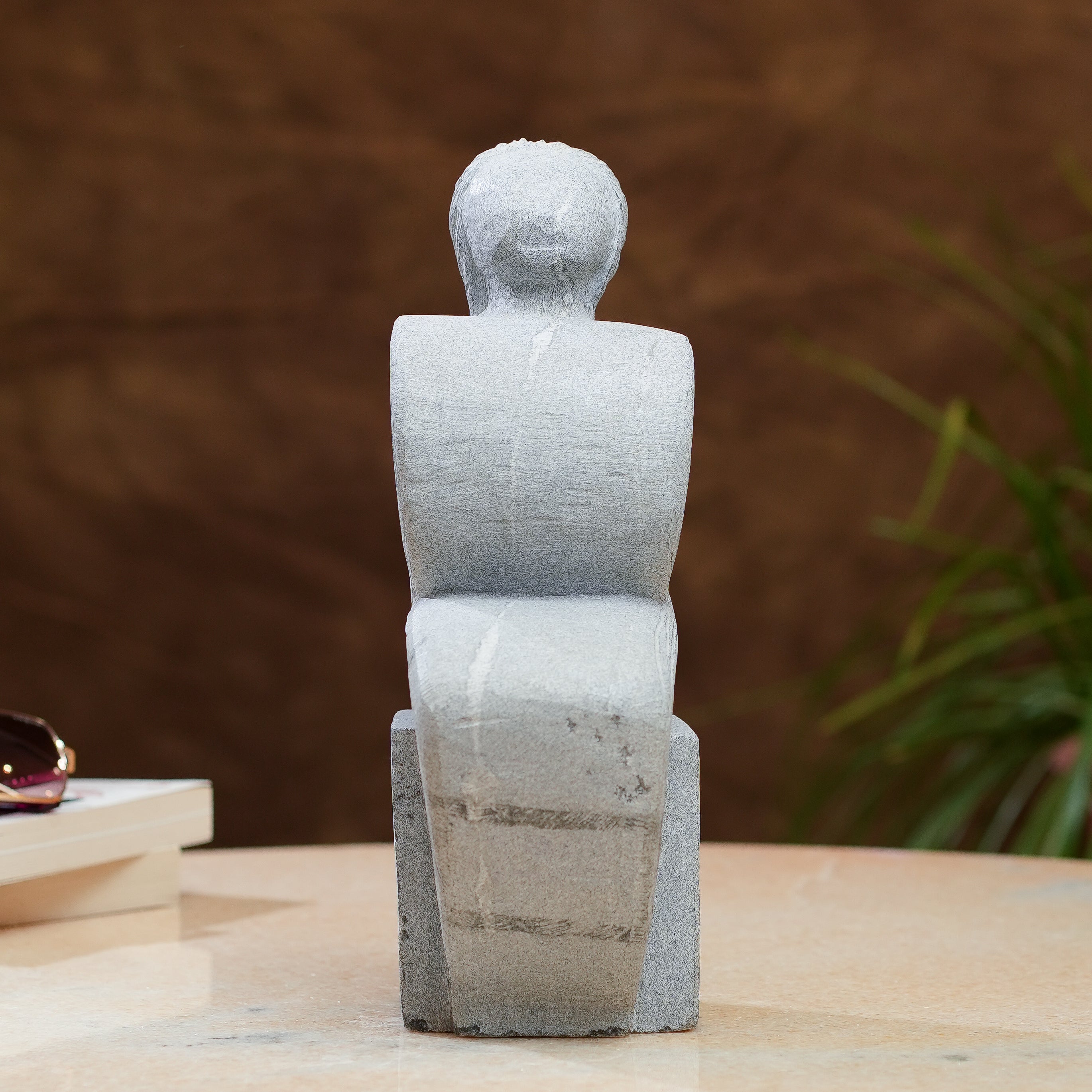 Modern Abstract Seated Figure  Grey Stone Sculpture