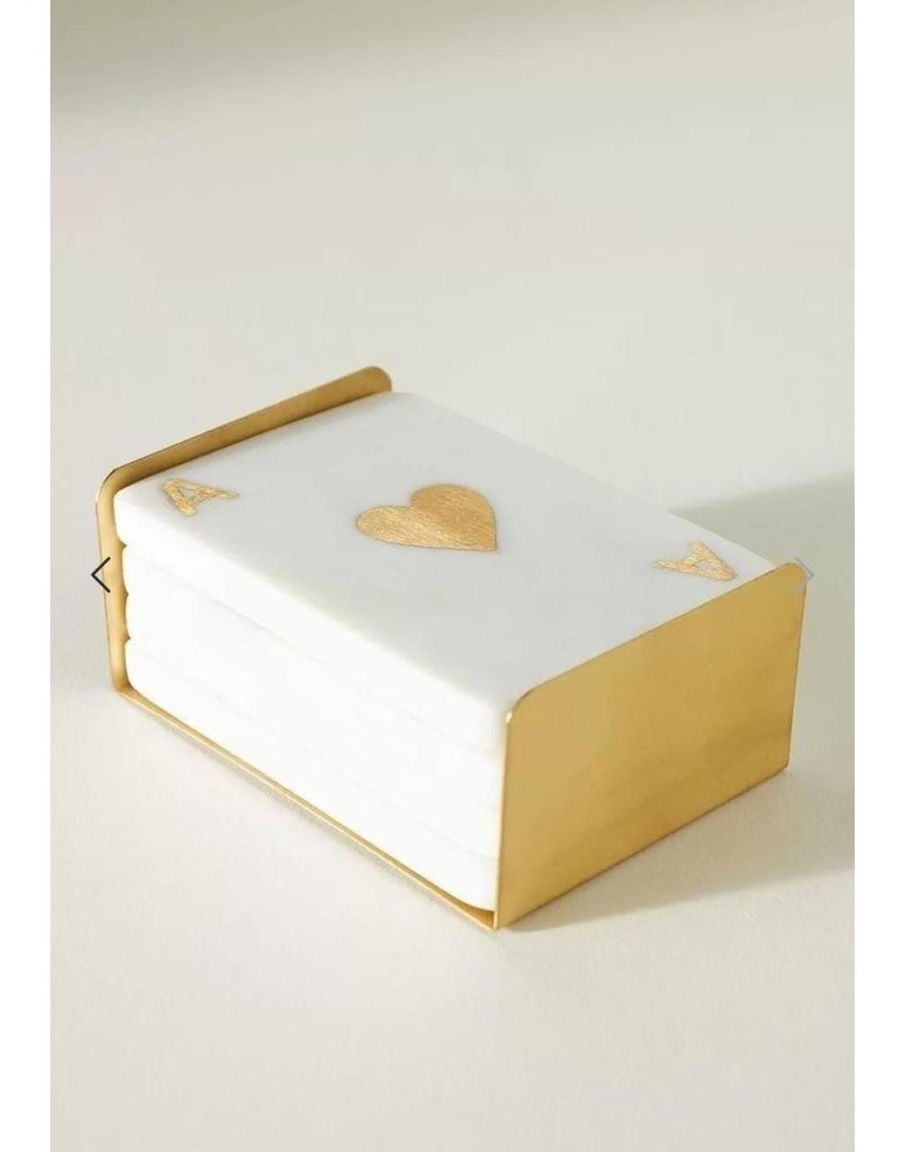 Ace of Cards Marble Coaster Set with Gold Holder