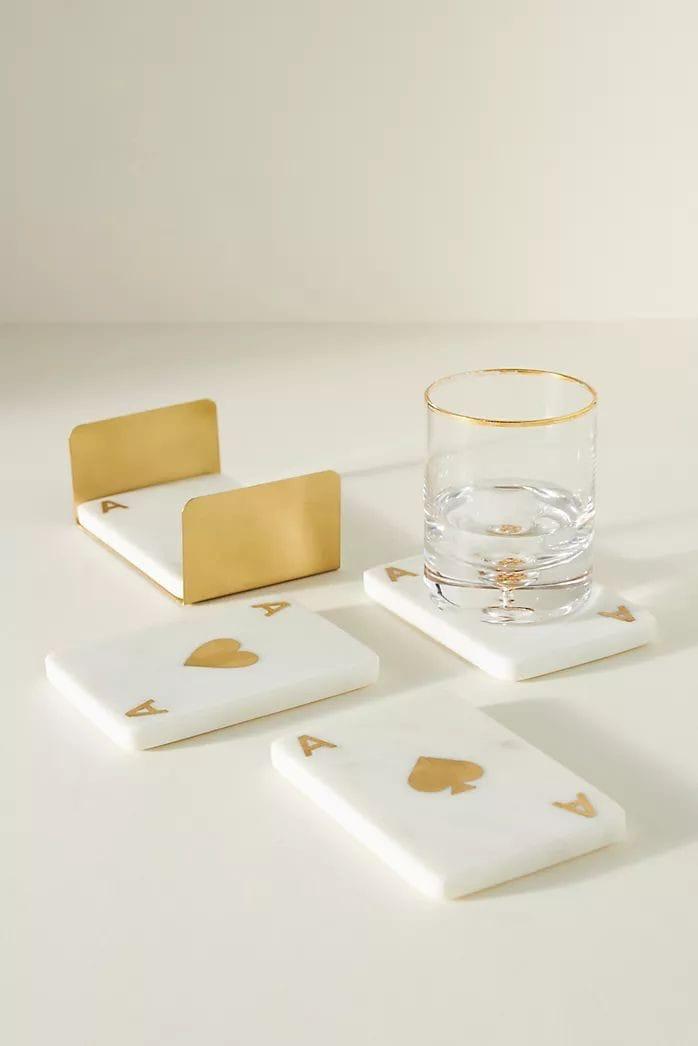 Ace of Cards Marble Coaster Set with Gold Holder
