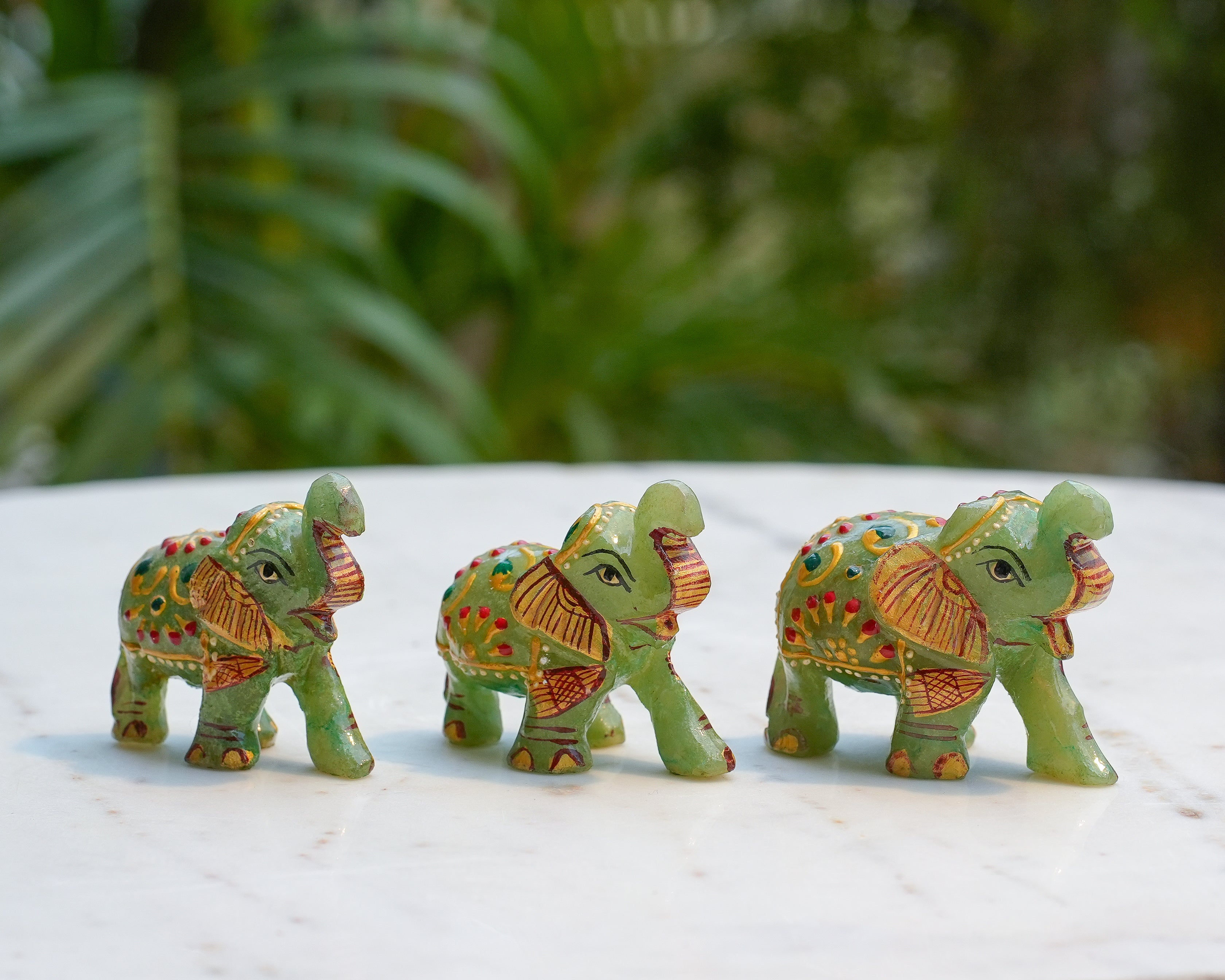 Handcrafted Green Jade Elephant Trio  Set of 3
