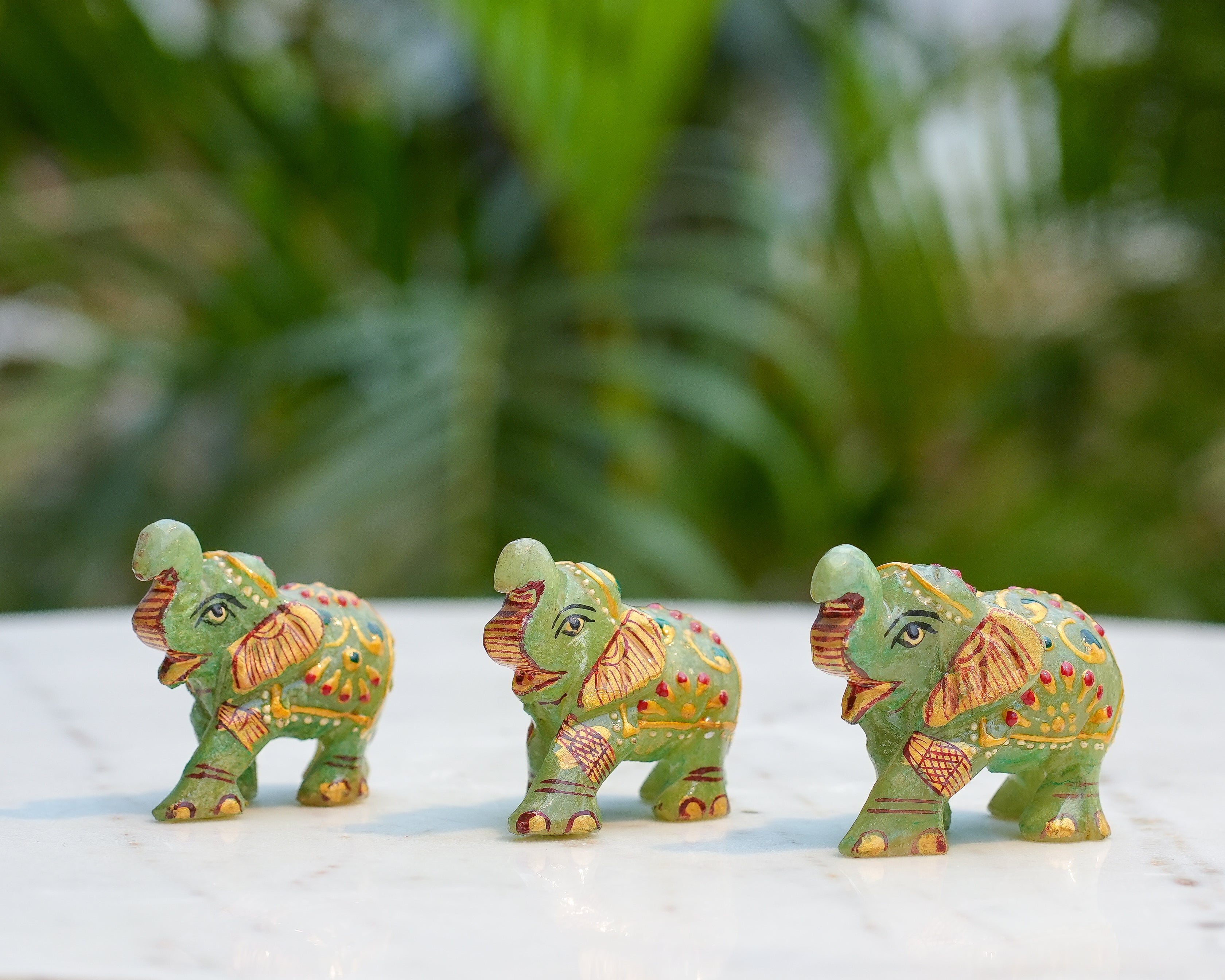 Handcrafted Green Jade Elephant Trio  Set of 3