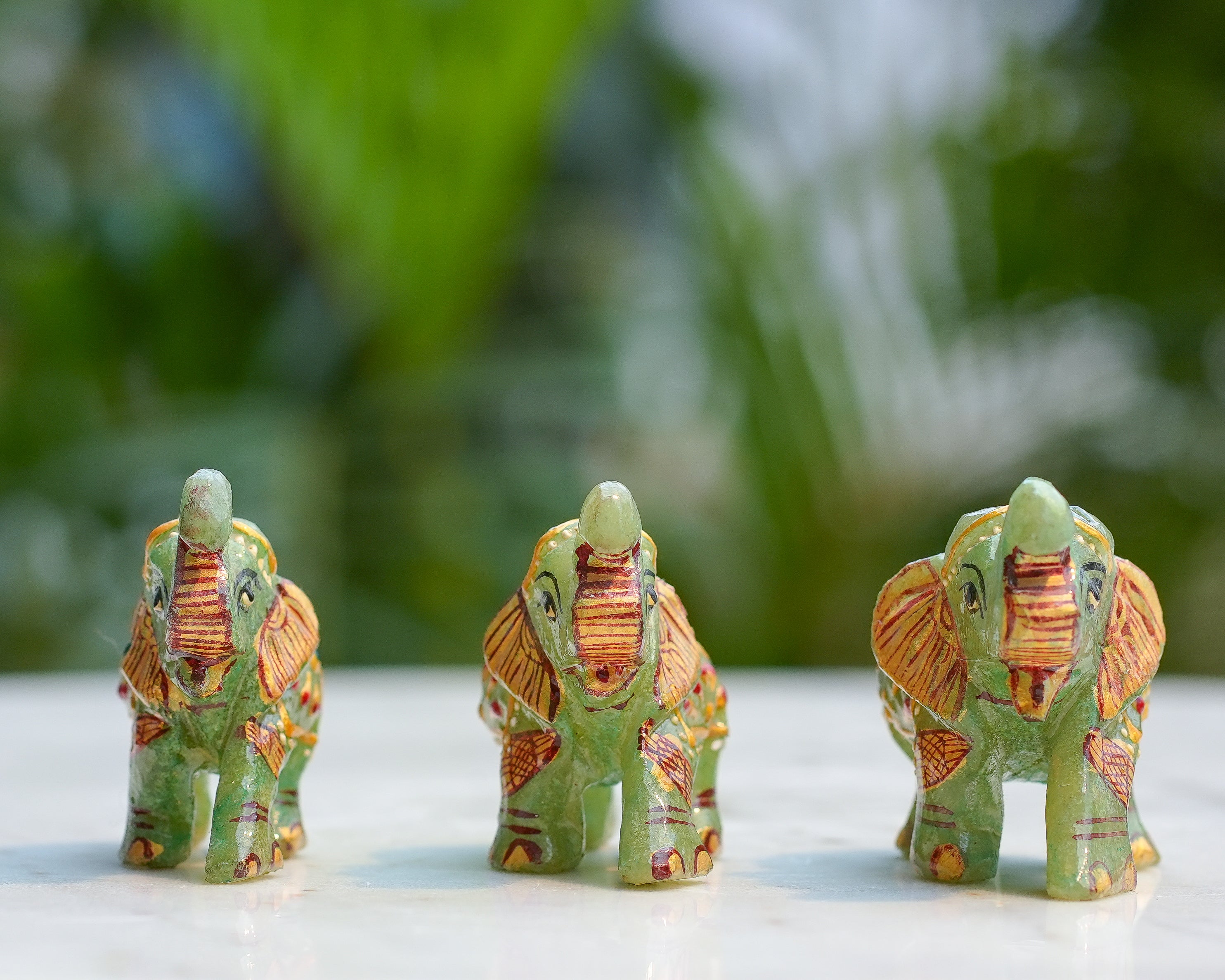 Handcrafted Green Jade Elephant Trio  Set of 3