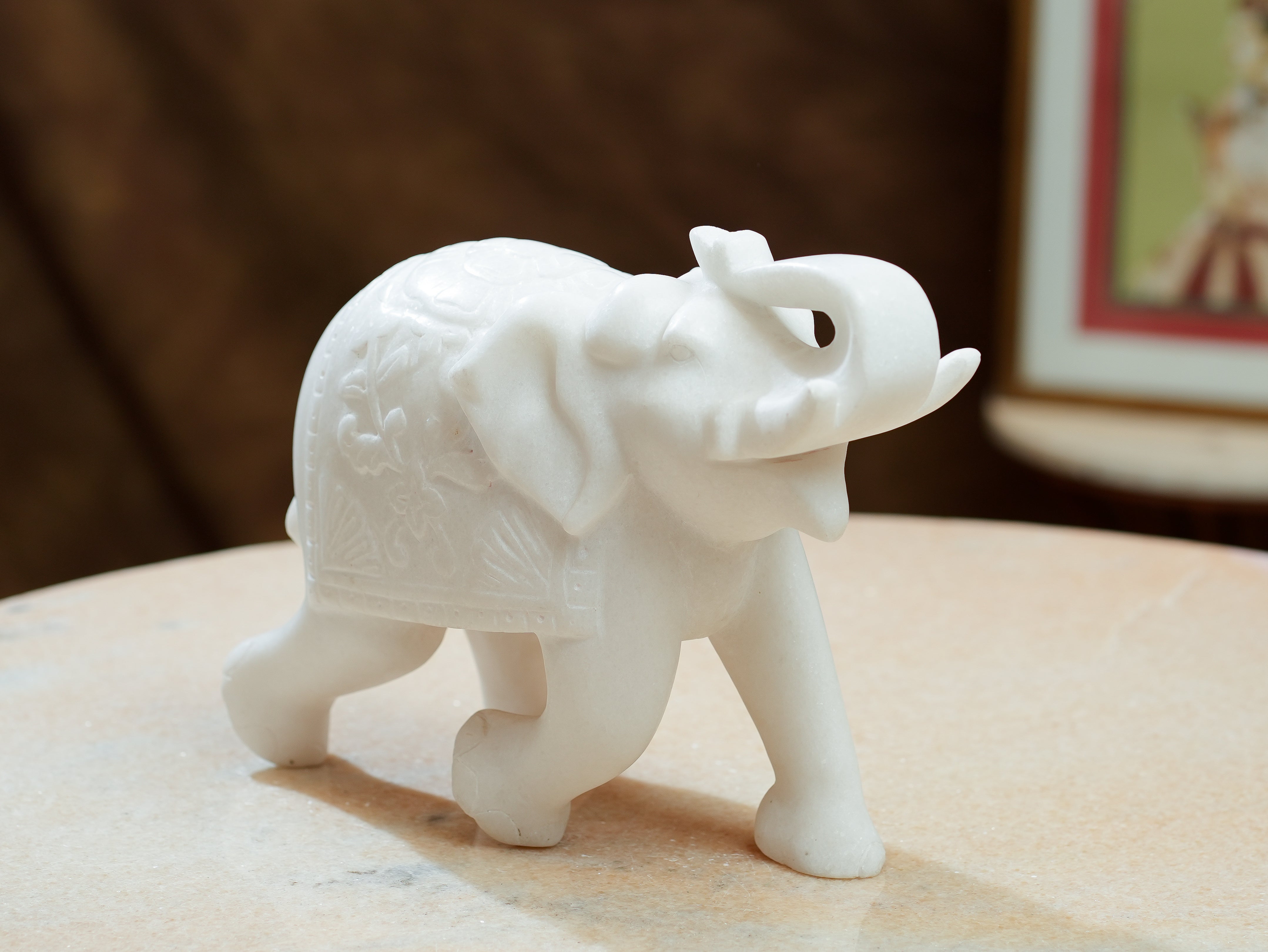 Handcrafted White Marble Elephant Statue  Symbol of Strength & Good Luck
