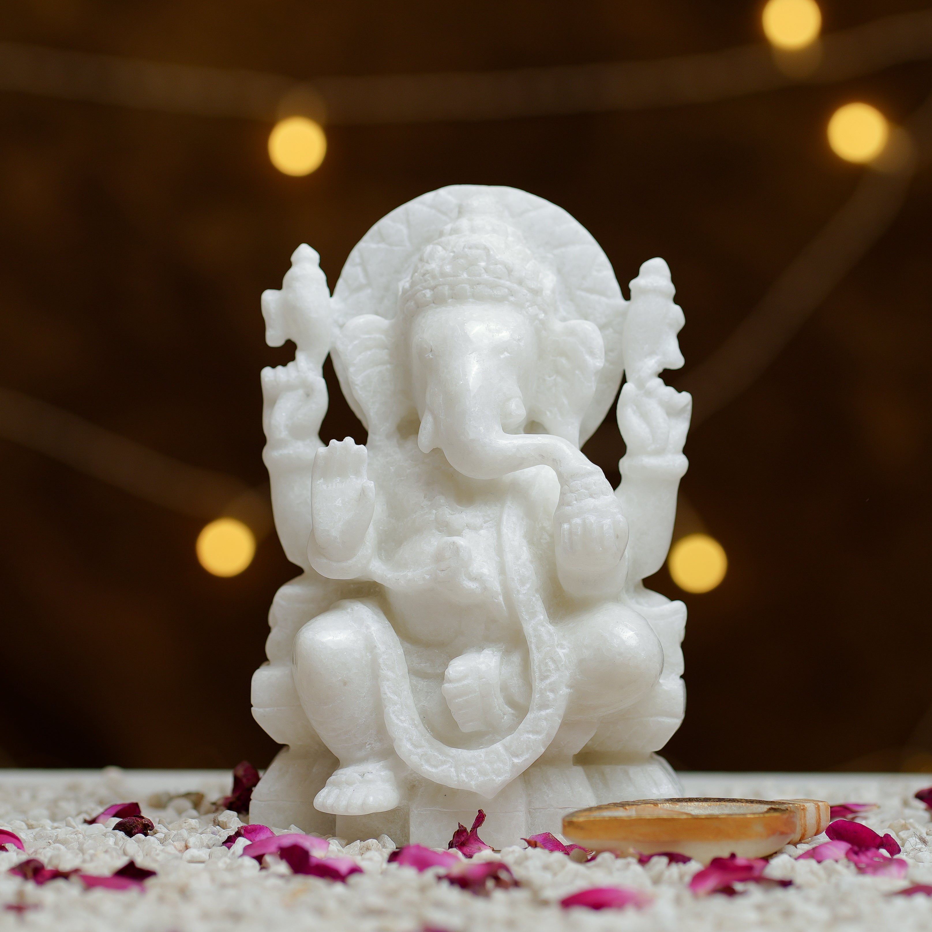 HandCarved White Marble Ganesha Statue  8Inch Idol for Home Temple & Décor