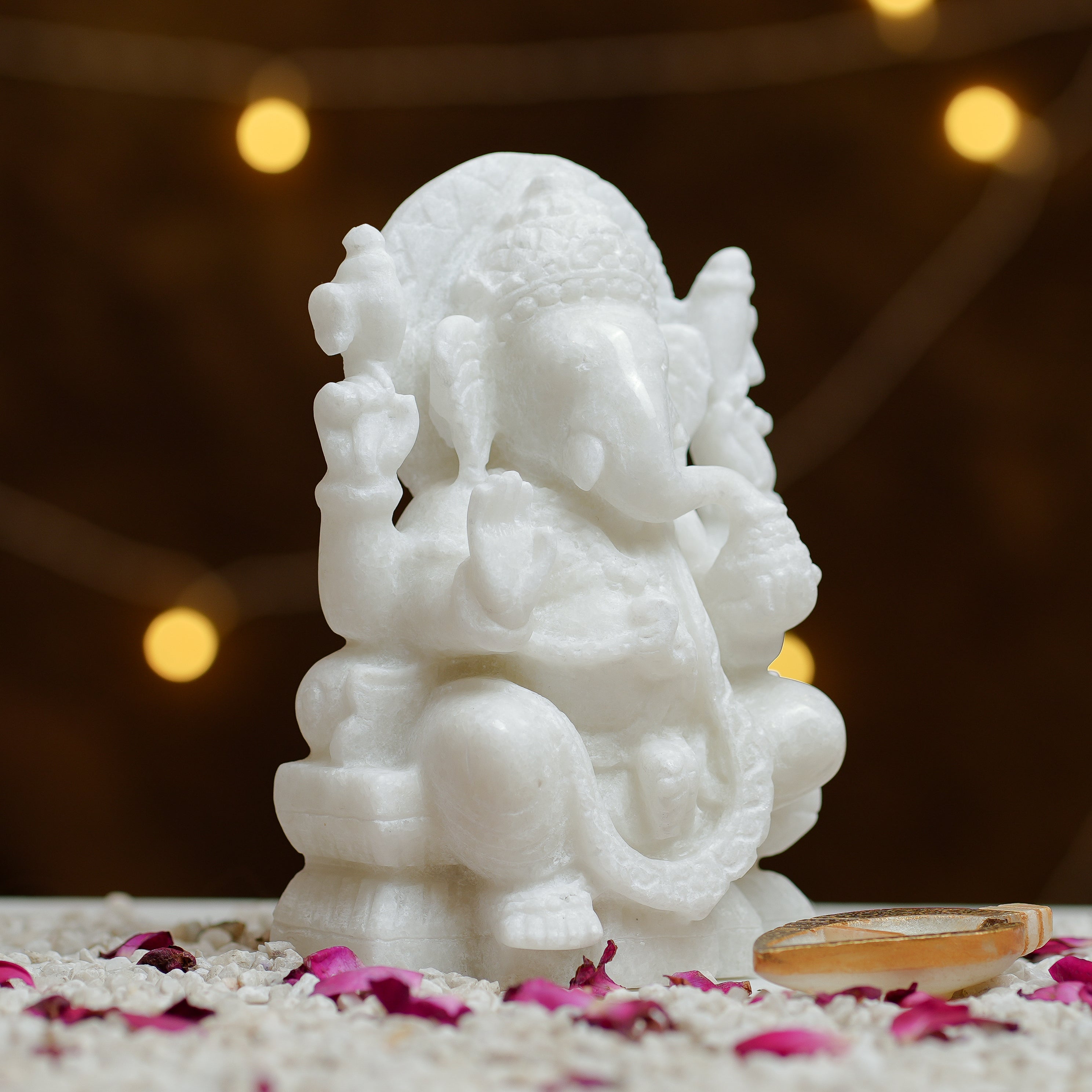 HandCarved White Marble Ganesha Statue  8Inch Idol for Home Temple & Décor
