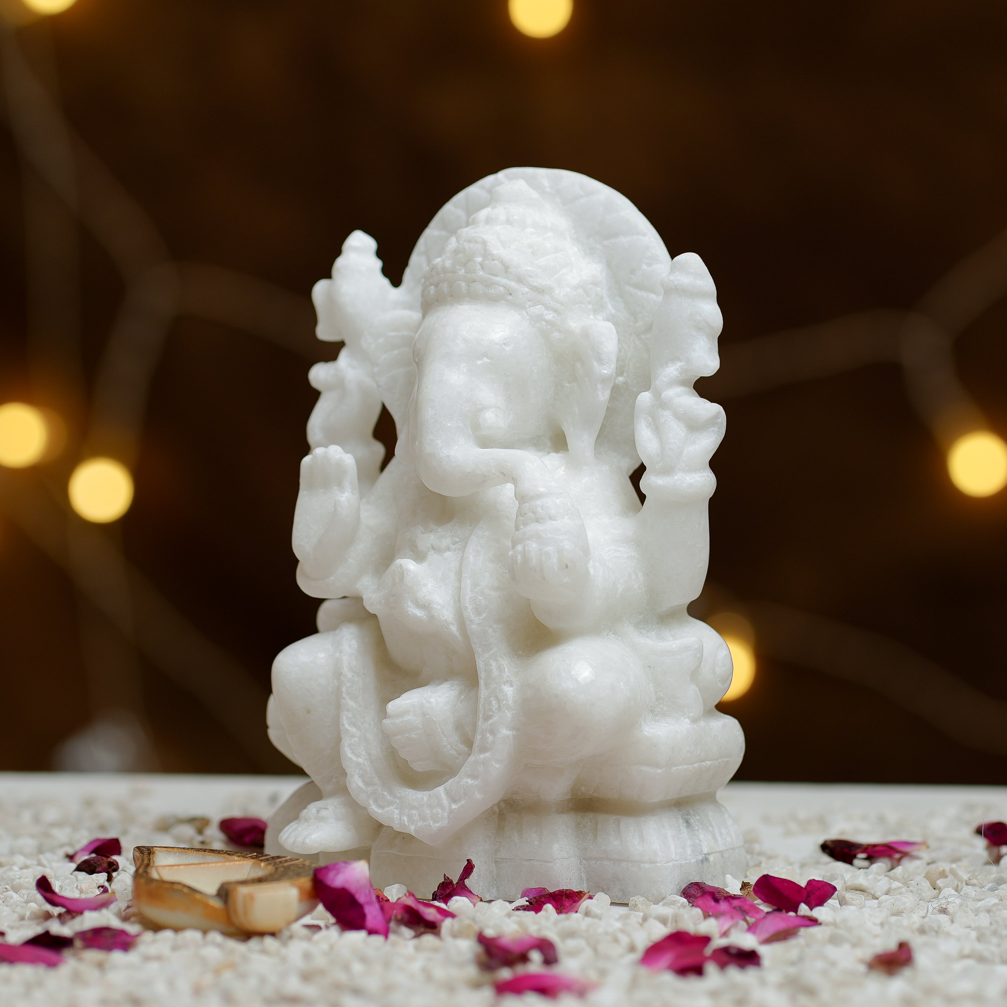 HandCarved White Marble Ganesha Statue  8Inch Idol for Home Temple & Décor