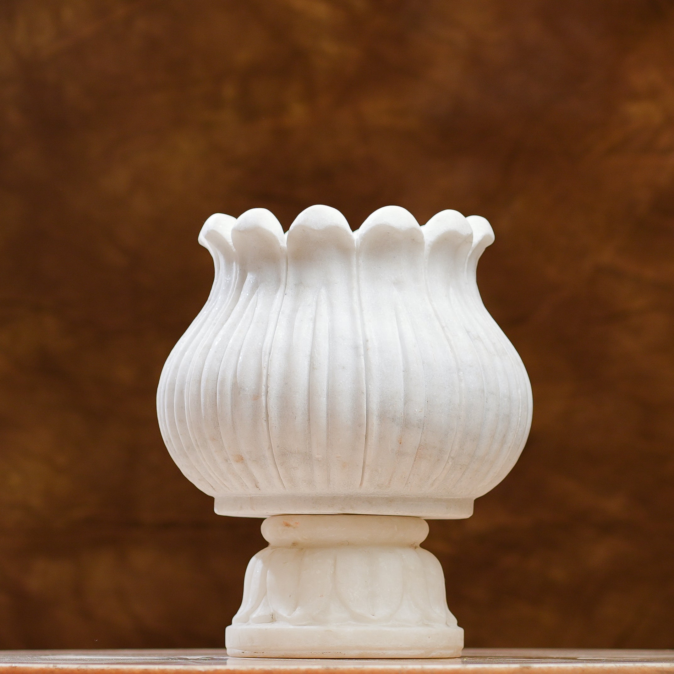 Handcrafted White Marble Lotus Planter  Elegant Pedestal Design