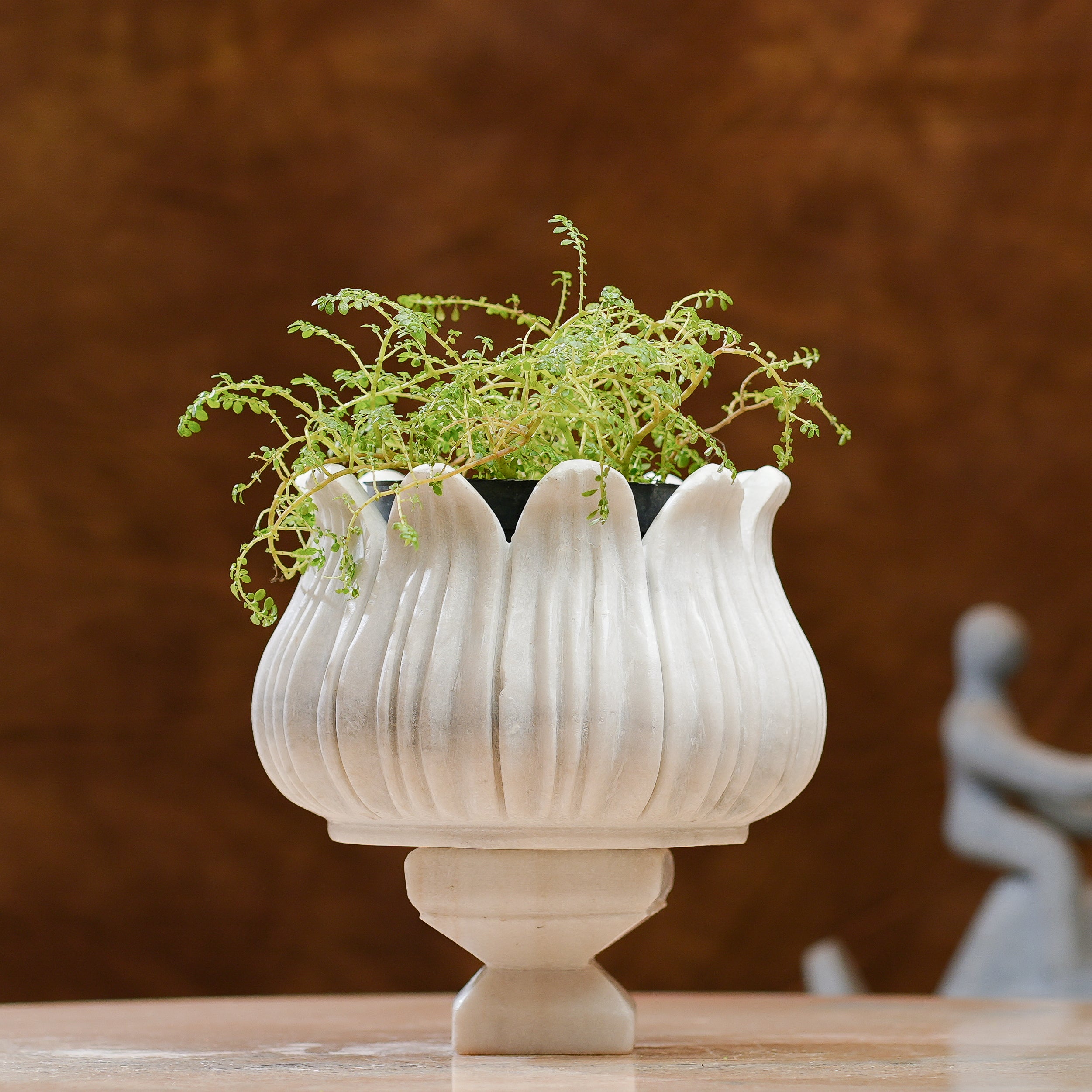 Handcrafted White Marble Lotus Planter  Elegant Pedestal Design