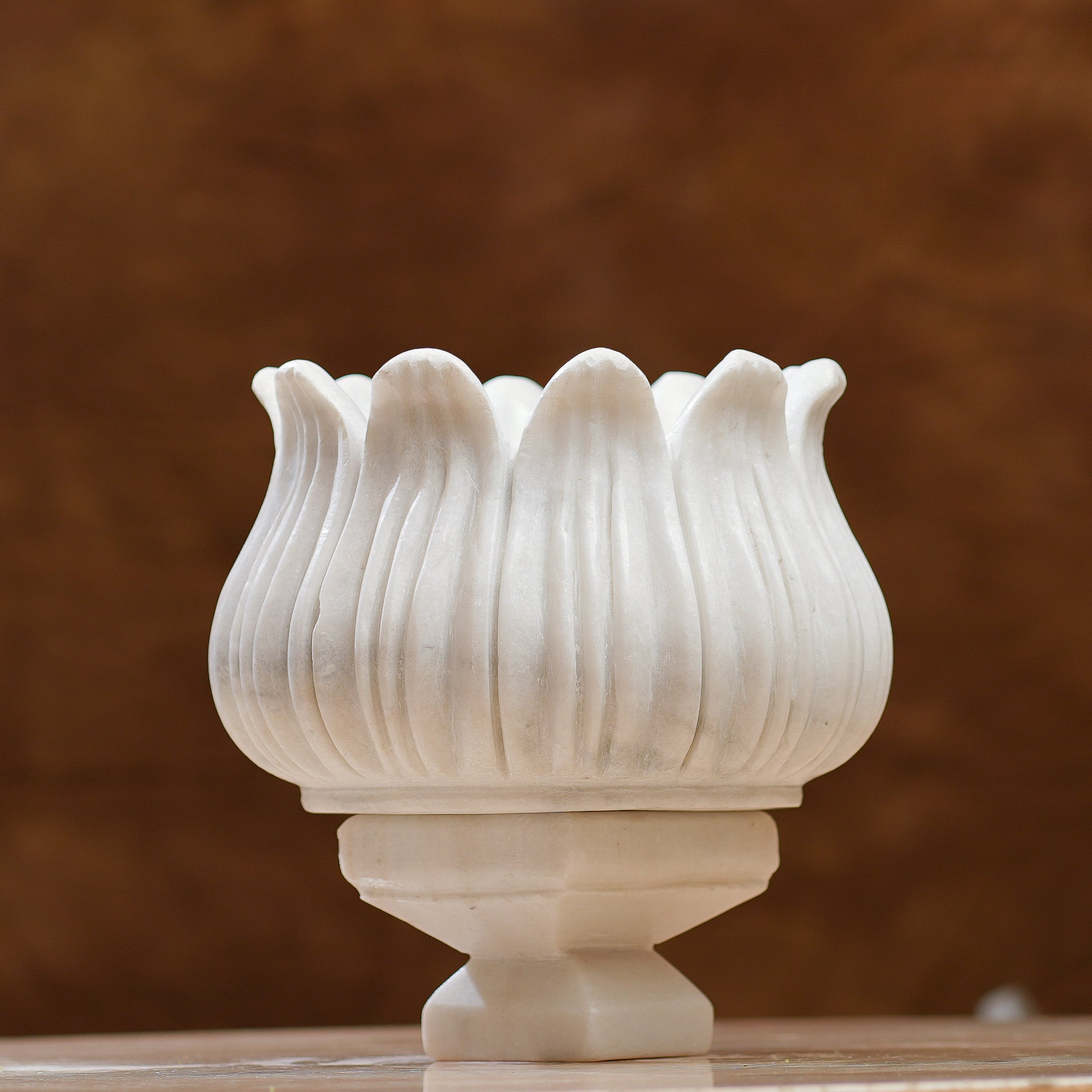 Handcrafted White Marble Lotus Planter  Elegant Pedestal Design