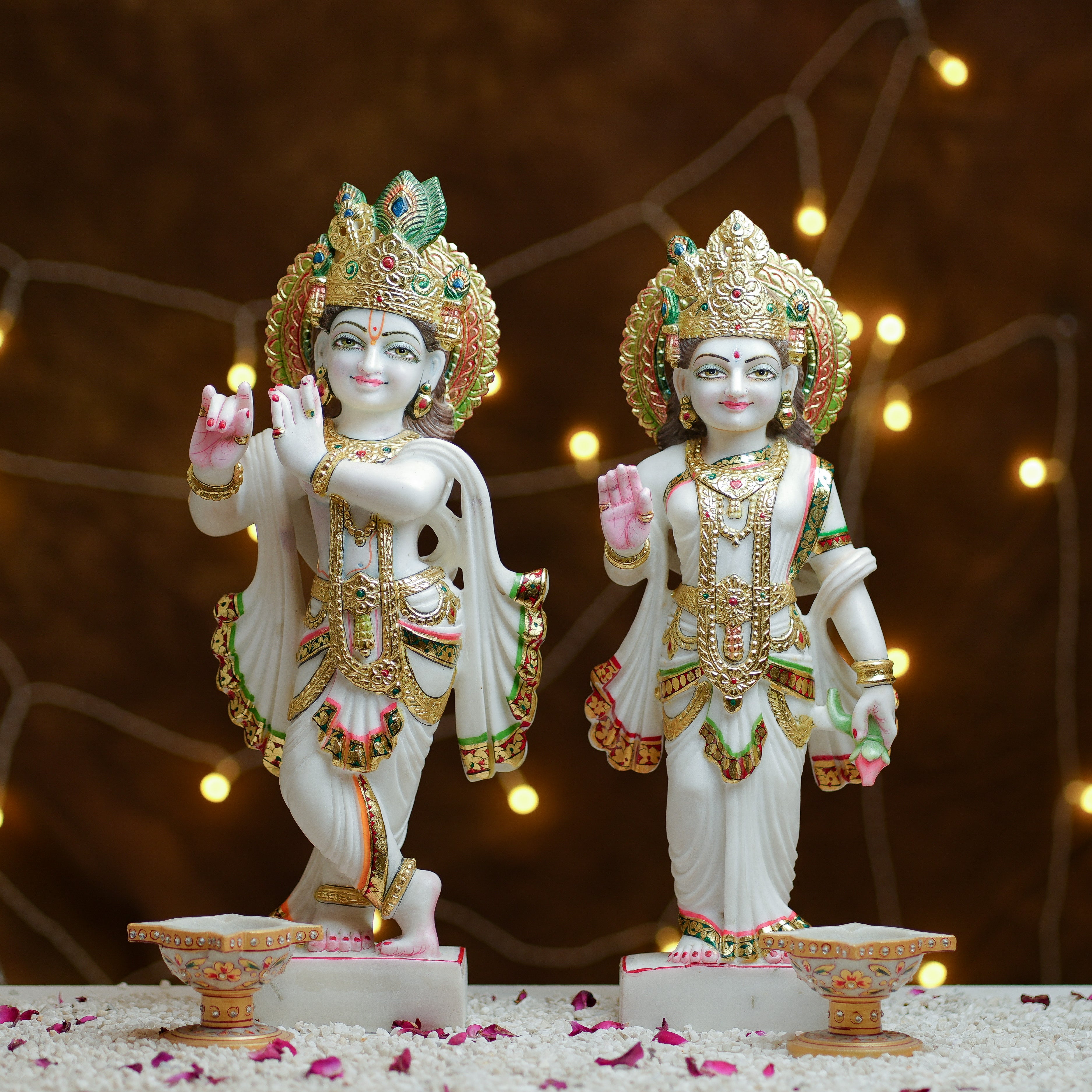 Radha Krishna Marble Idol Set  HandPainted with 24K Gold Touch for Divine Decor