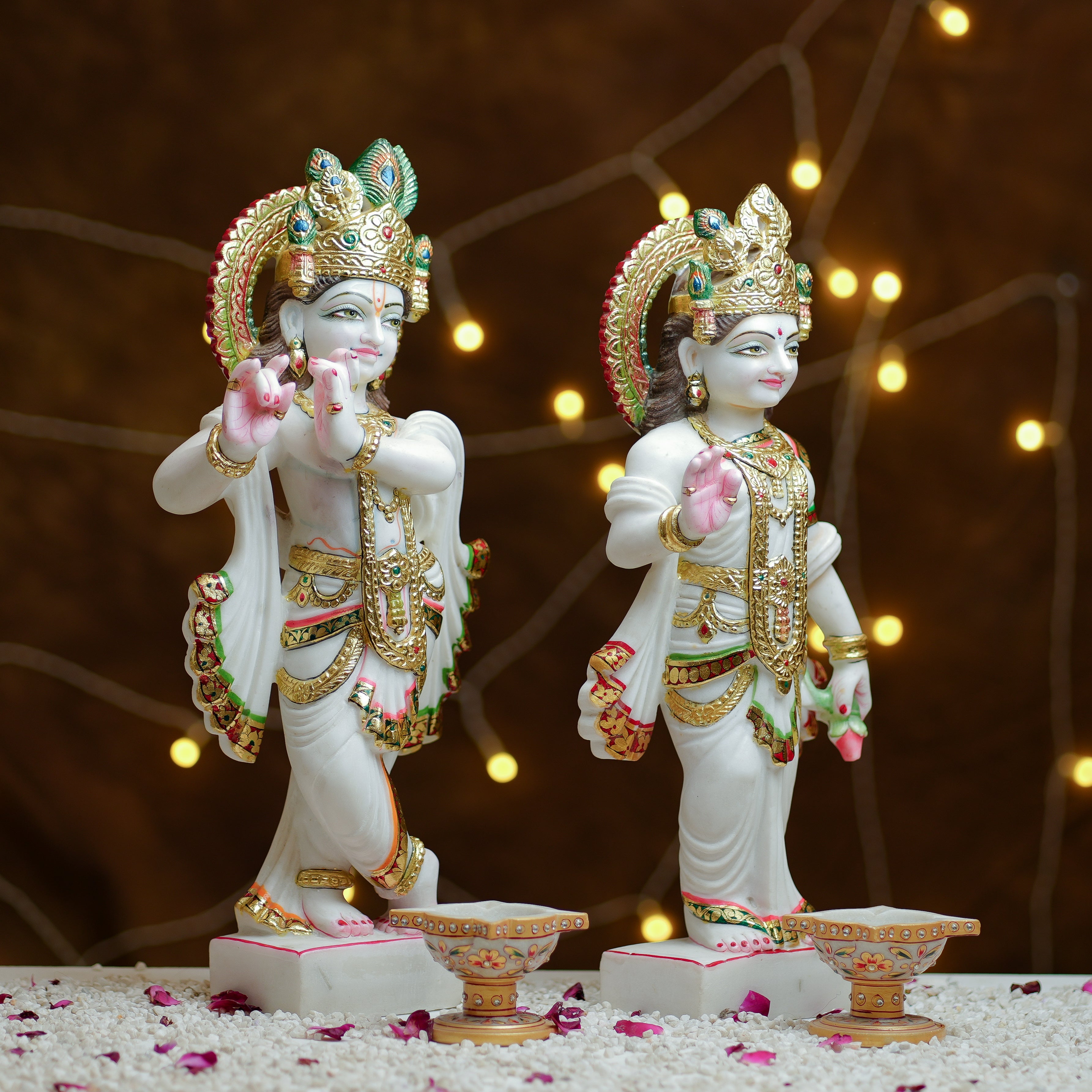 Radha Krishna Marble Idol Set  HandPainted with 24K Gold Touch for Divine Decor