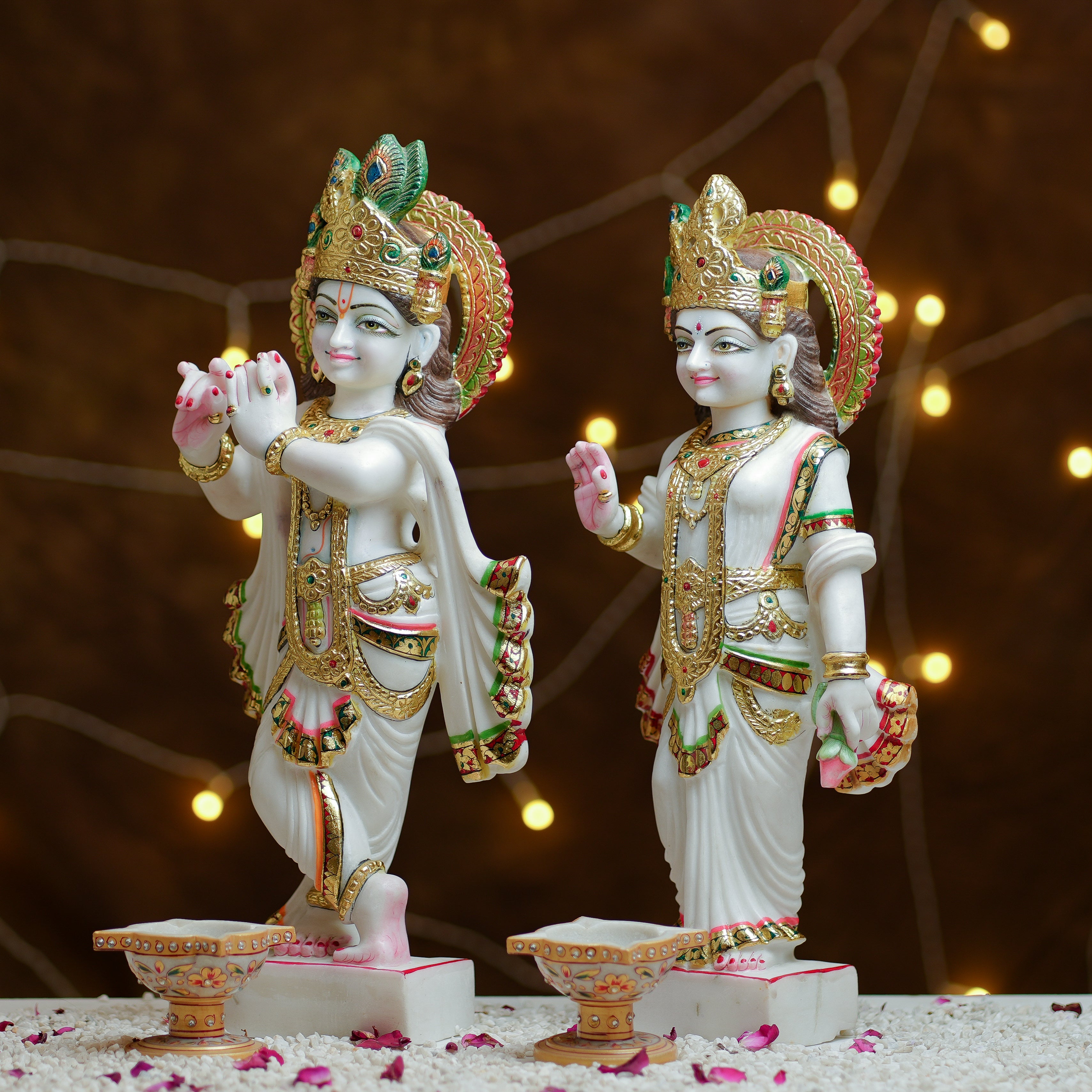 Radha Krishna Marble Idol Set  HandPainted with 24K Gold Touch for Divine Decor