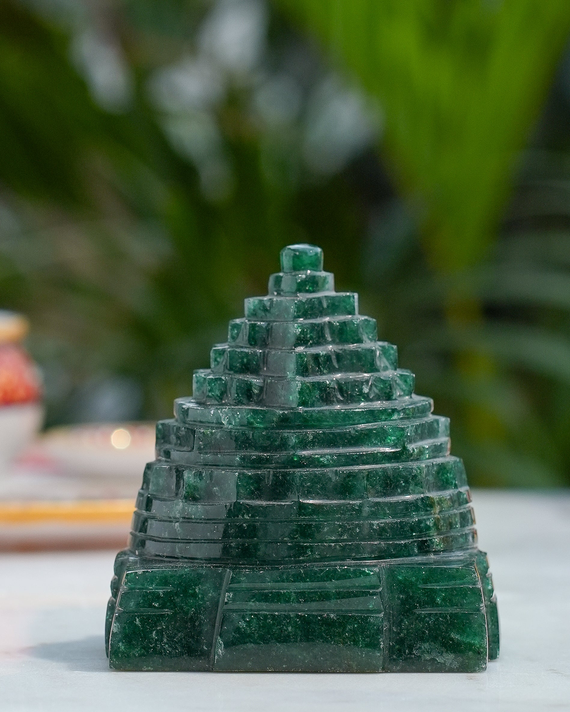 Shree Yantra in Green Jade Stone  Hand Carved Meru Design for Prosperity