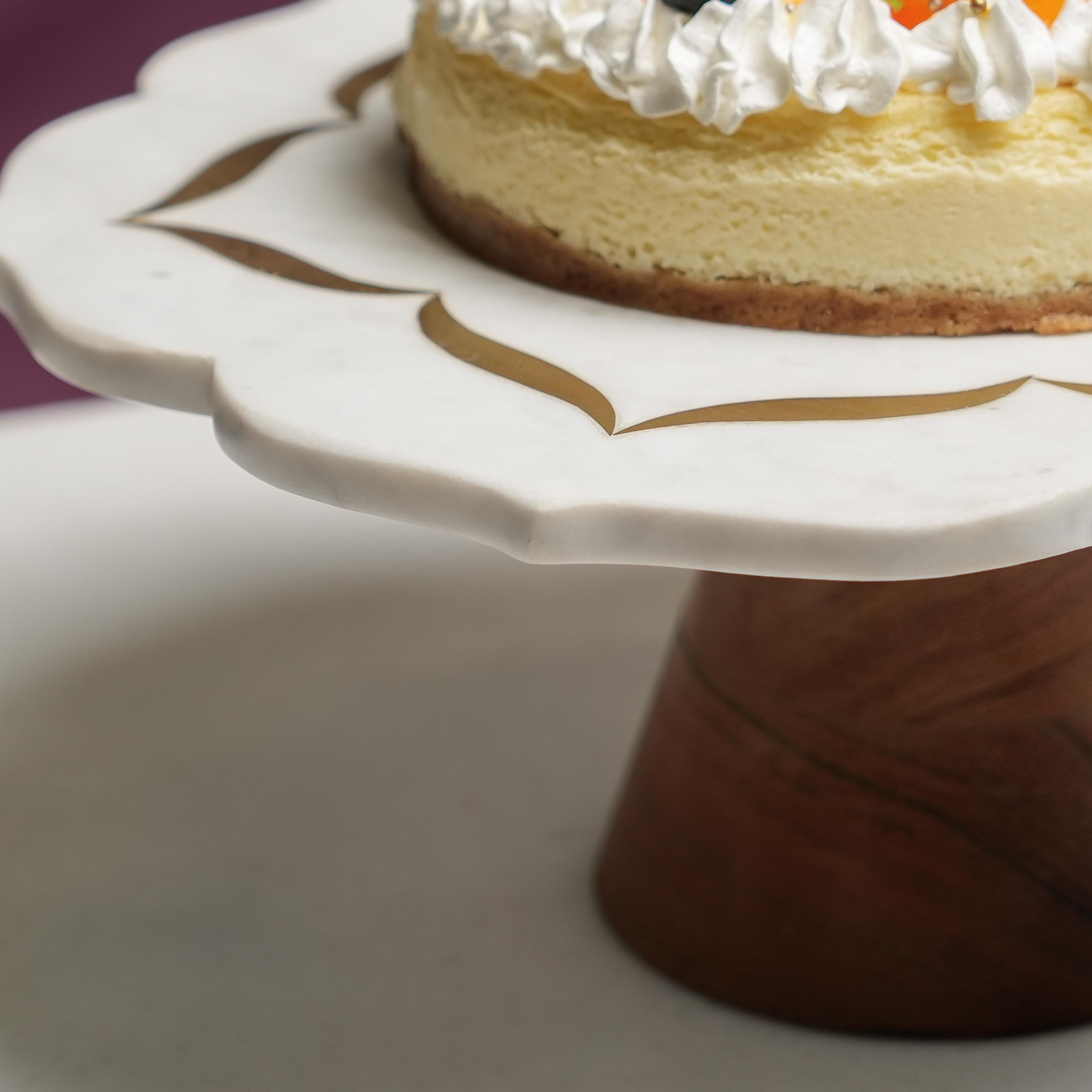 LotusInspired Marble Inlay Cake Stand with Brass Detailing