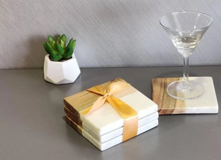 Square Marble & Wood Coaster Set / Set of 2