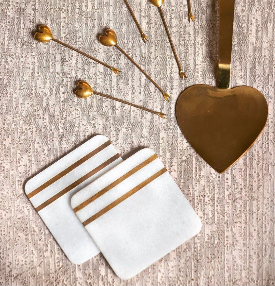 White Marble Coasters with Brass Inlay  Square Set of 2