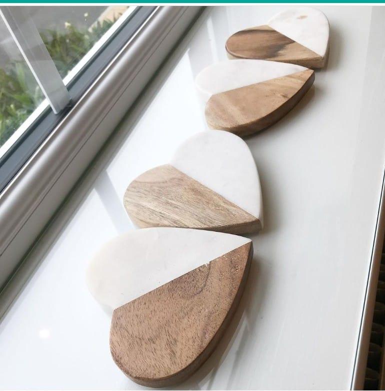 HeartShaped Marble & Wood Coasters  Set of 4