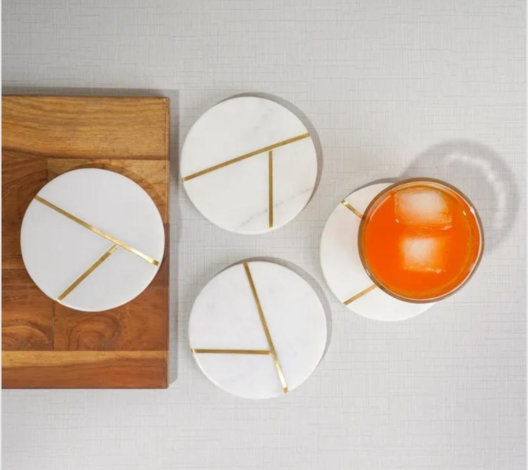 White Marble Coasters with Brass Inlay  Set of 4