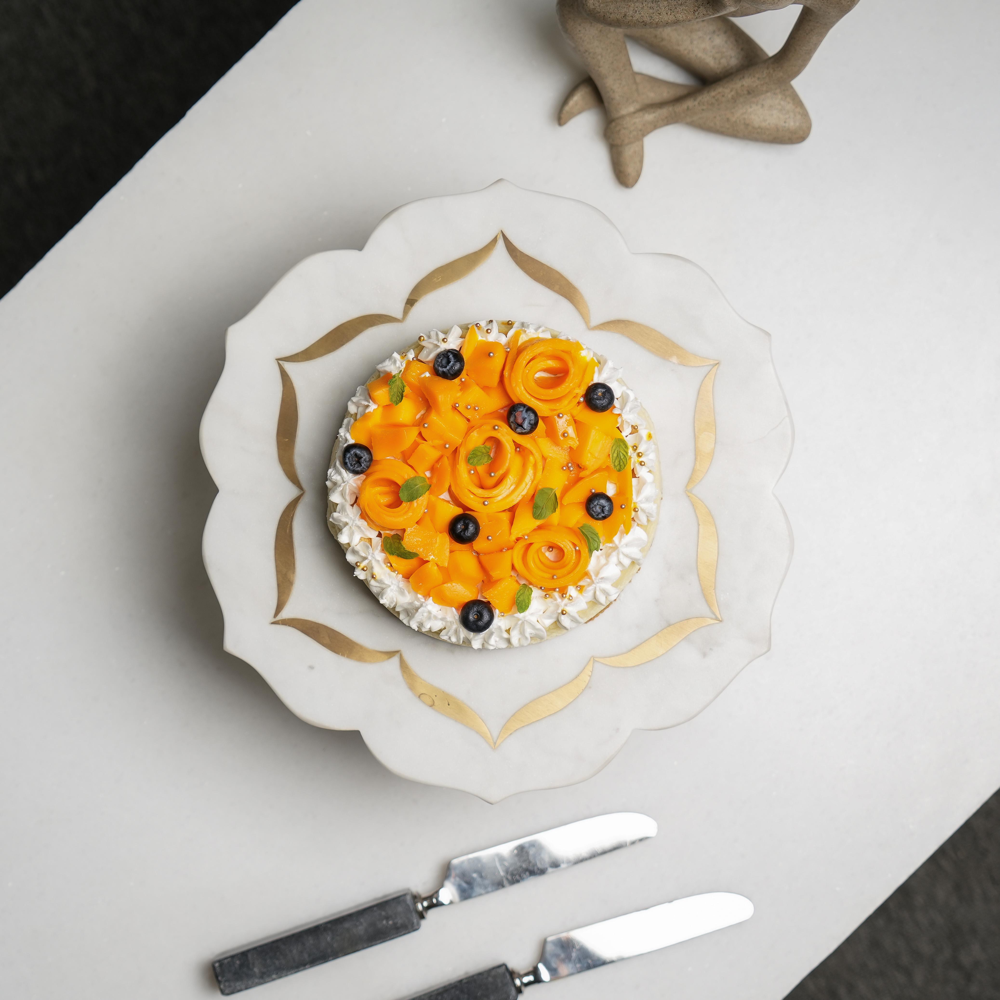 LotusInspired Marble Inlay Cake Stand with Brass Detailing