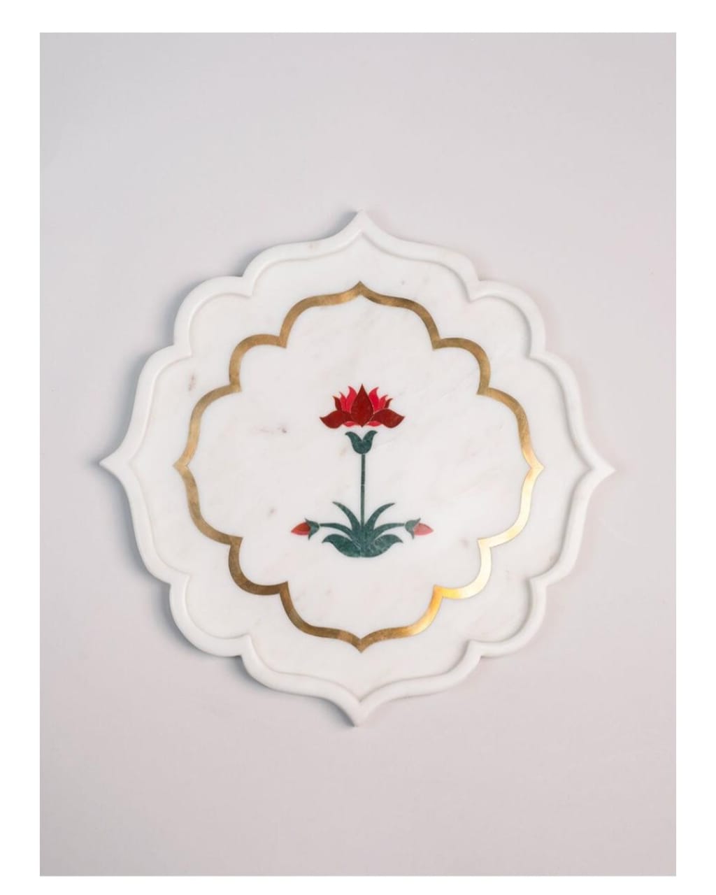 Mughal Motif Marble Inlay Platter with Gold Detailing