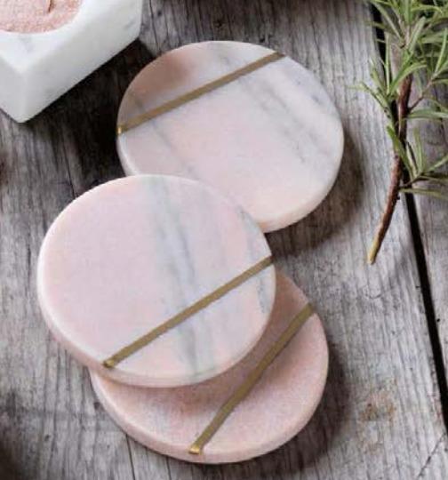 Elegant Pink Marble Coasters with Brass Inlay  Set of 4