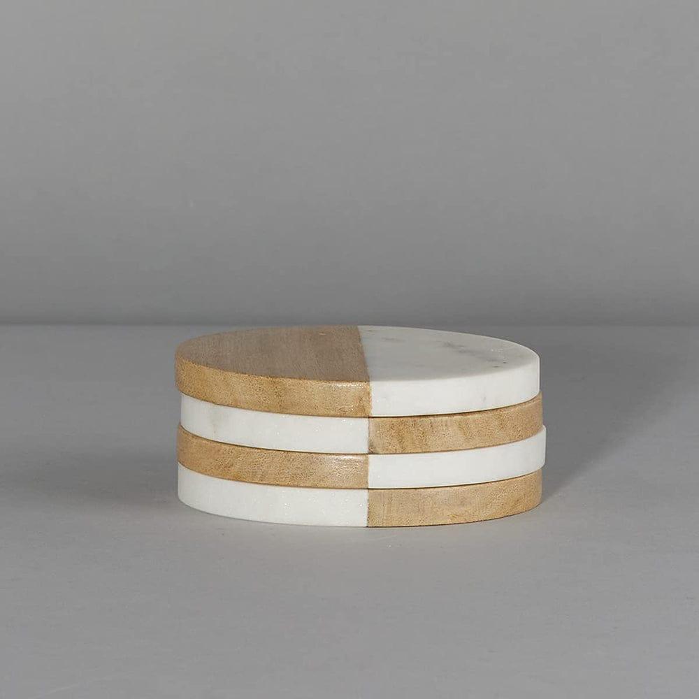 Set of Round Marble & Wood Coasters (Striped & HalfDesign)
