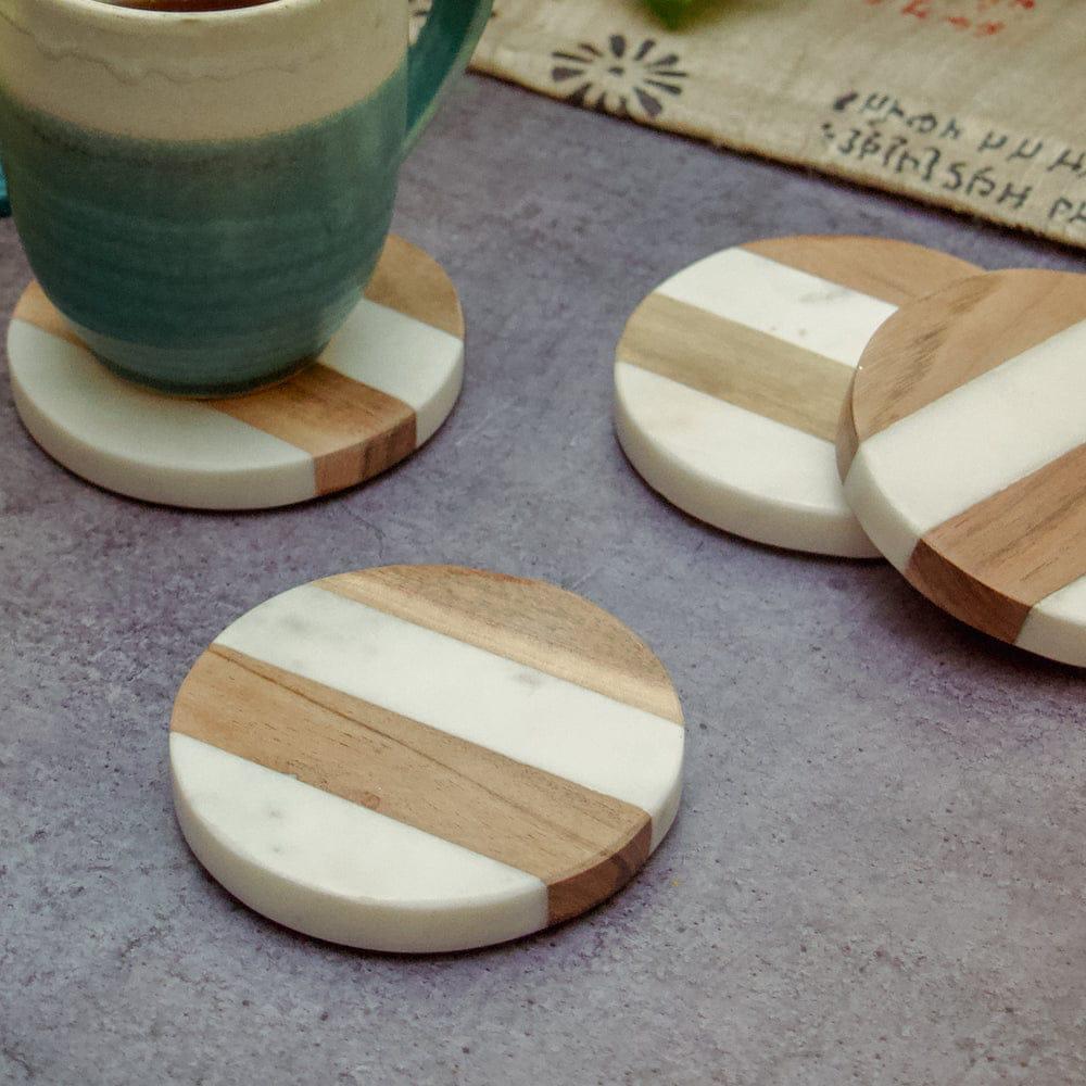 Set of Round Marble & Wood Coasters (Striped & HalfDesign)