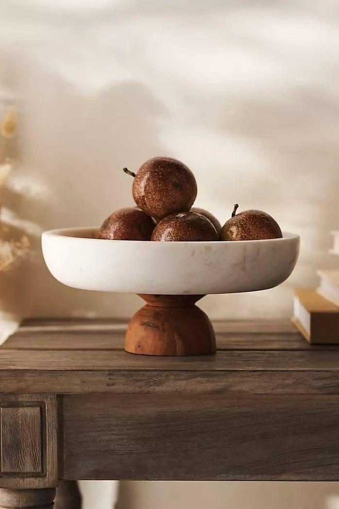 Elegant Marble Bowl with Wooden Pedestal Stand