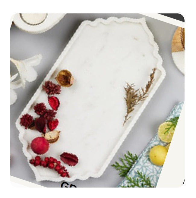 Scalloped White Marble Tray  Elegant Handcrafted Serveware