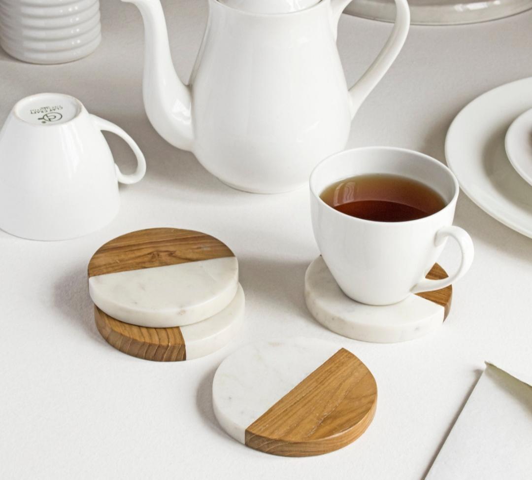 Round Marble & Wood Coasters  Minimalist Tea Table Set set of 2