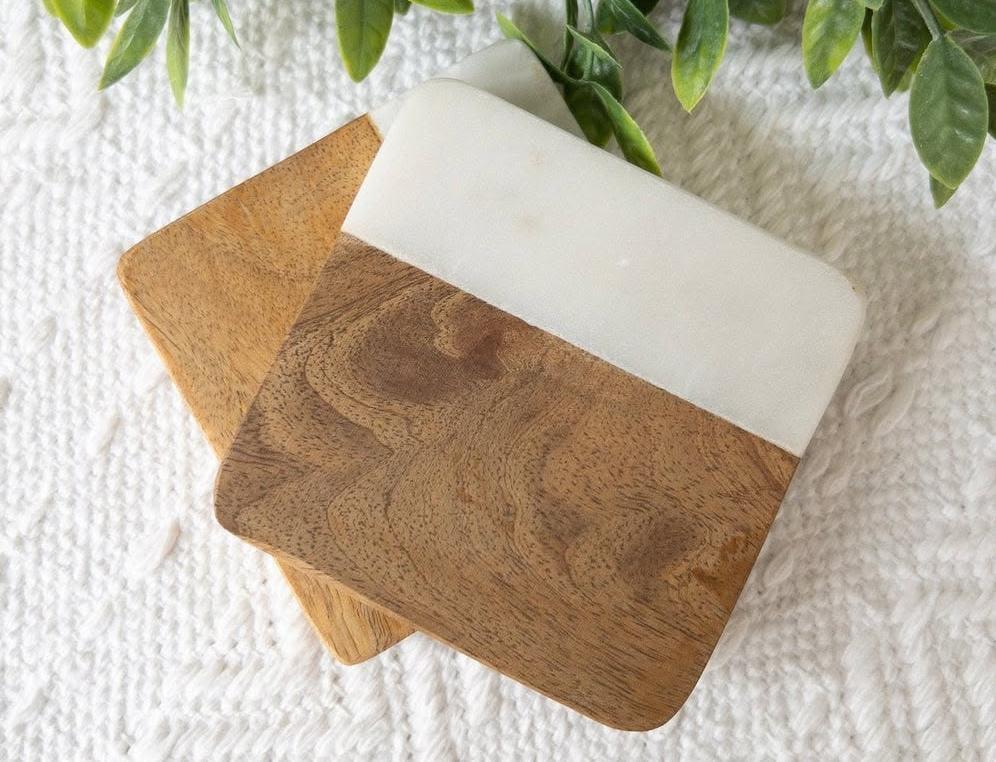 Square Wood & Marble Coaster  Minimalist Table Accent (Set of 2)