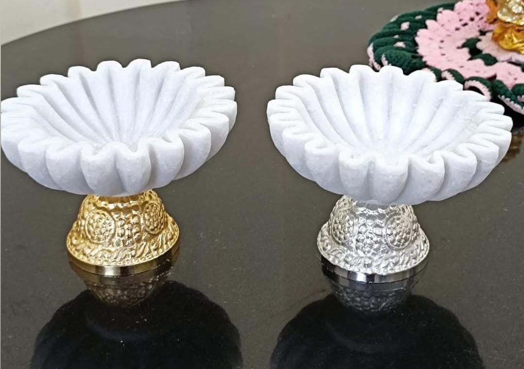 Mini Marble Urli Bowls with Gold & Silver Metal Base  Set of 2
