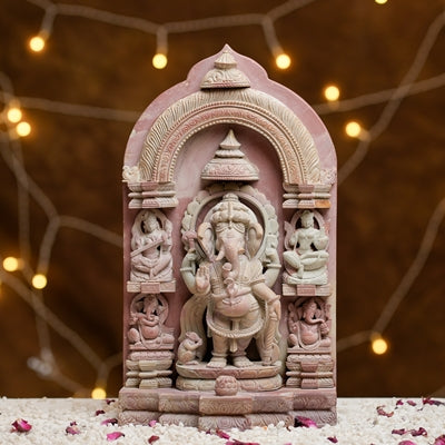 Hand-Carved Temple Style Pink Stone Ganesh Ji Murti
